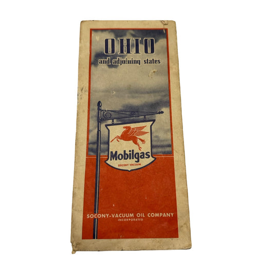 1939 Mobilgas Ohio & Adjoining States Road Map Socony-Vacuum Pegasus Gas Oil Advertising