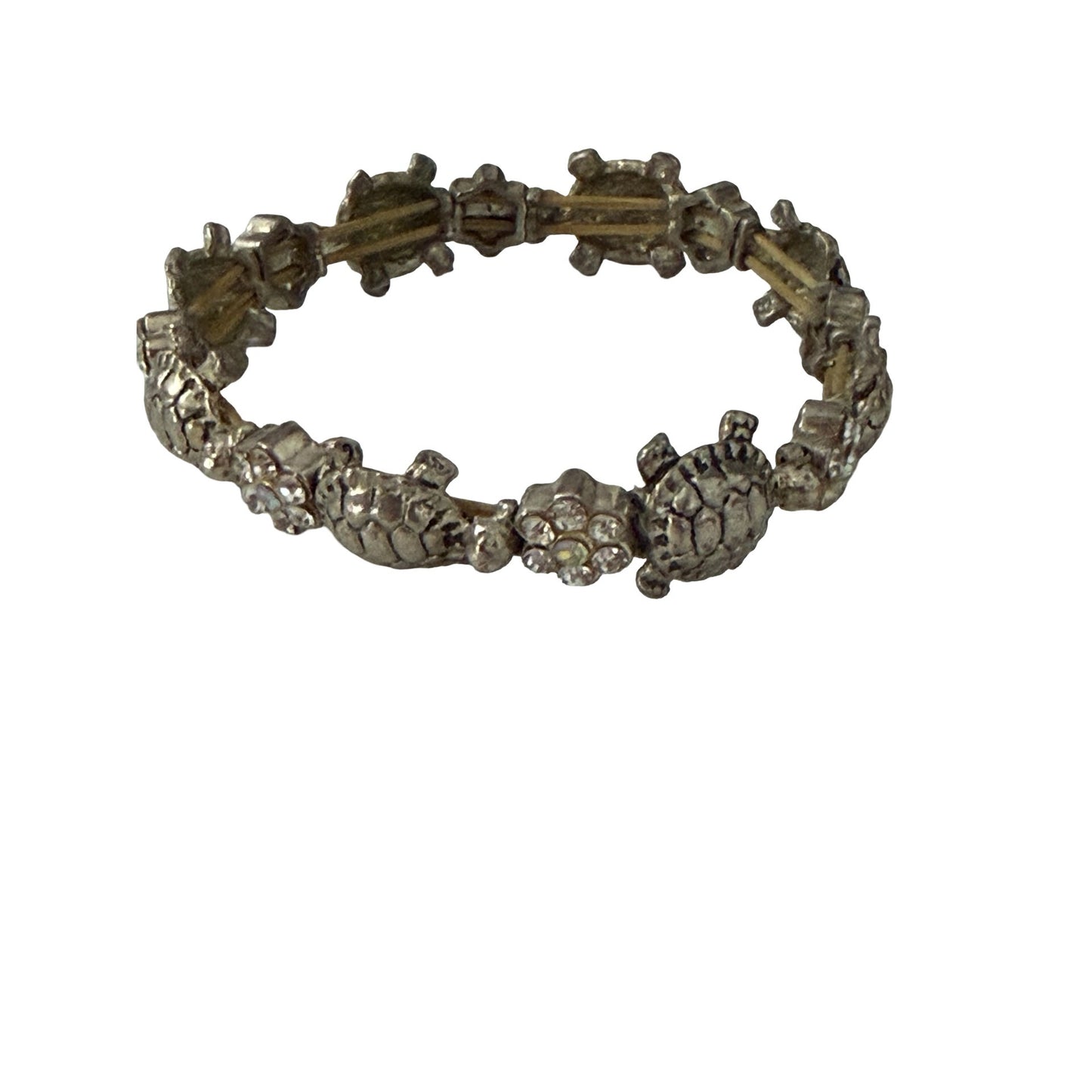 Vintage Silver Tone Sea Turtle Rhinestone Link Bracelet Coastal Ocean Jewelry