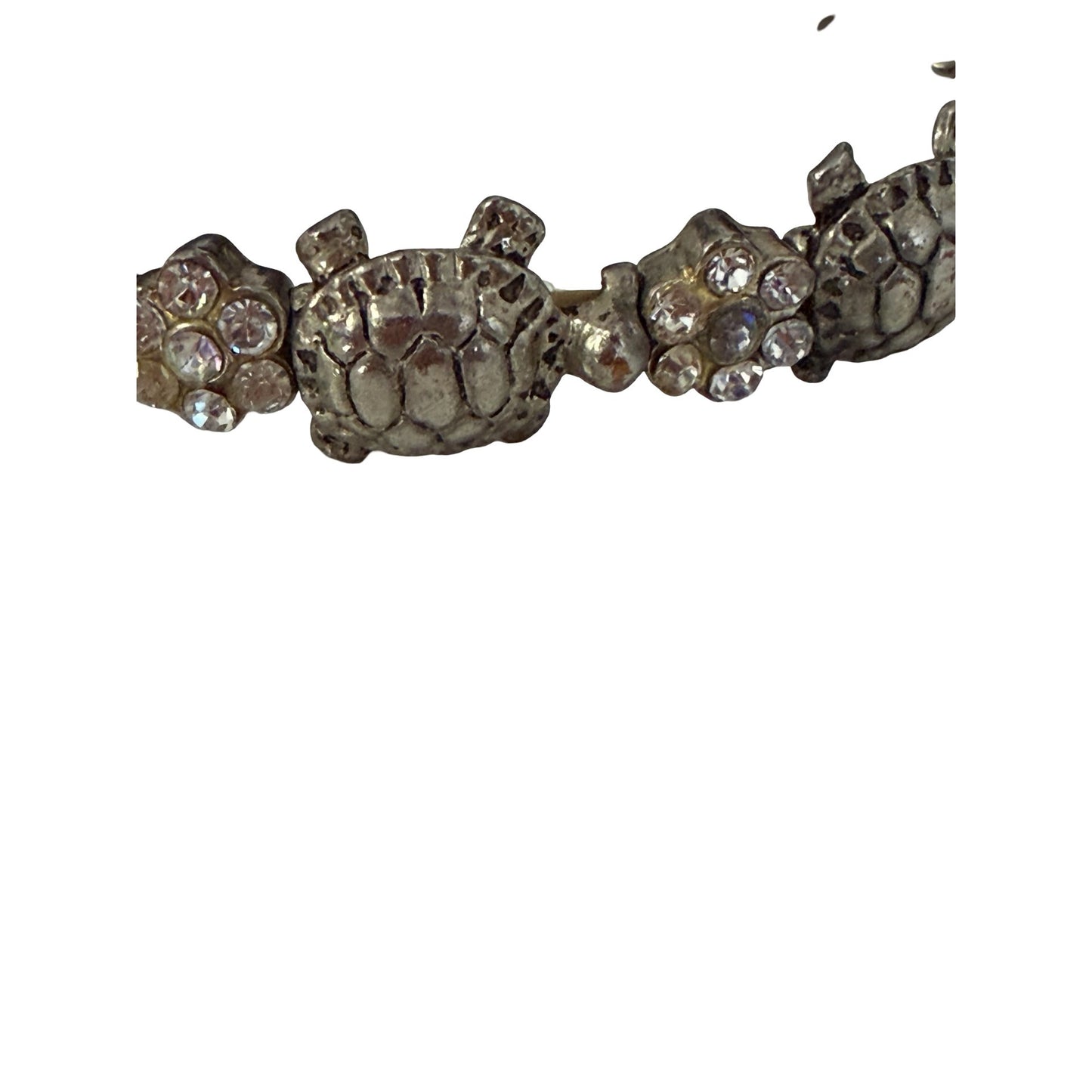 Vintage Silver Tone Sea Turtle Rhinestone Link Bracelet Coastal Ocean Jewelry