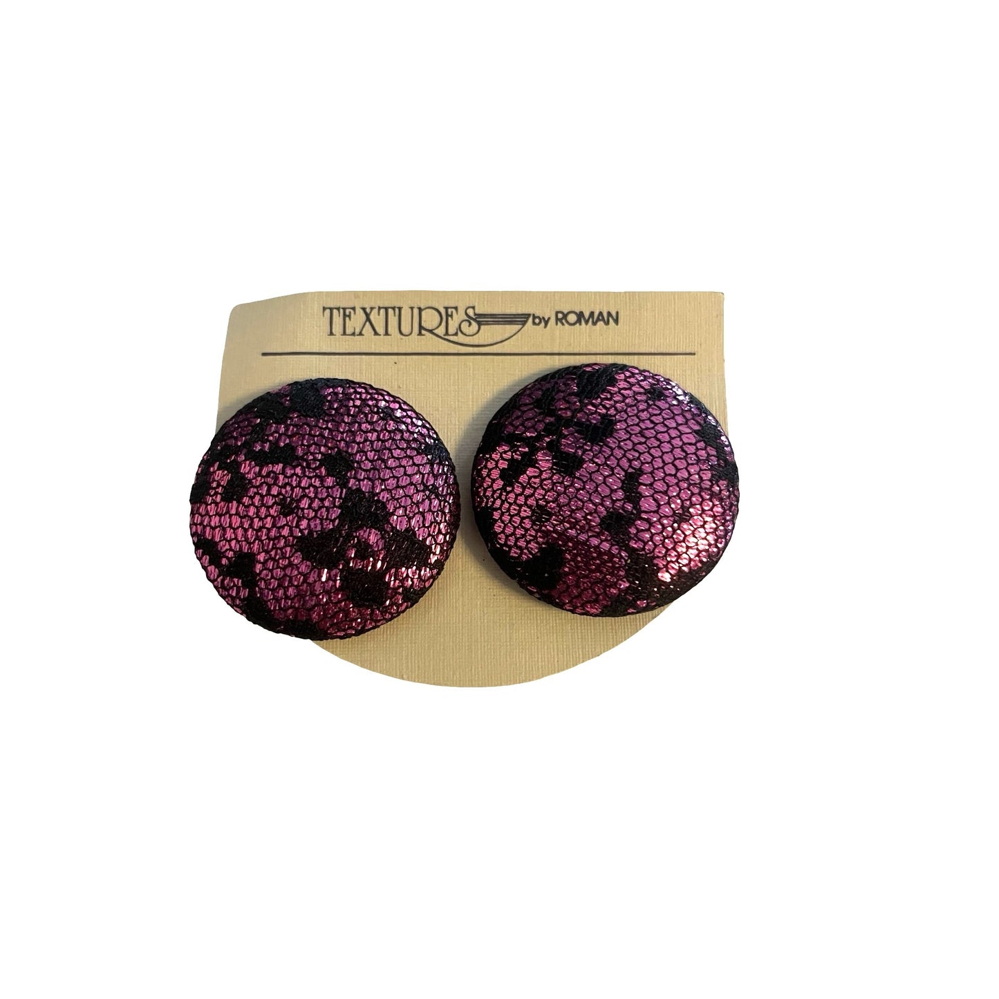Vintage Textures by Roman Clip On Earrings Pink Black Textured Dome 1.5 Inch