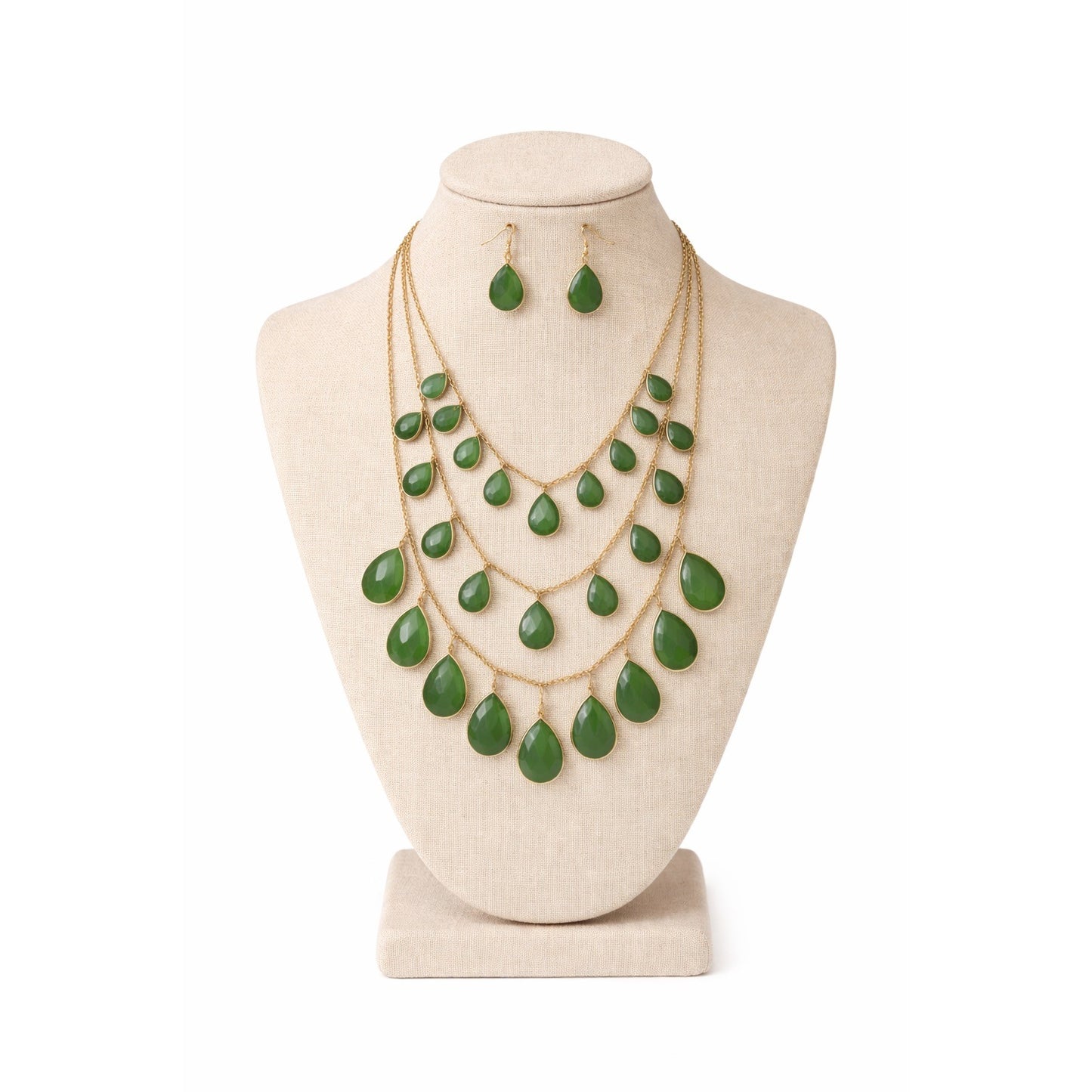 Mid 2000s Green Teardrop Statement Necklace & Earrings Set Gold Tone Multi Strand 22”