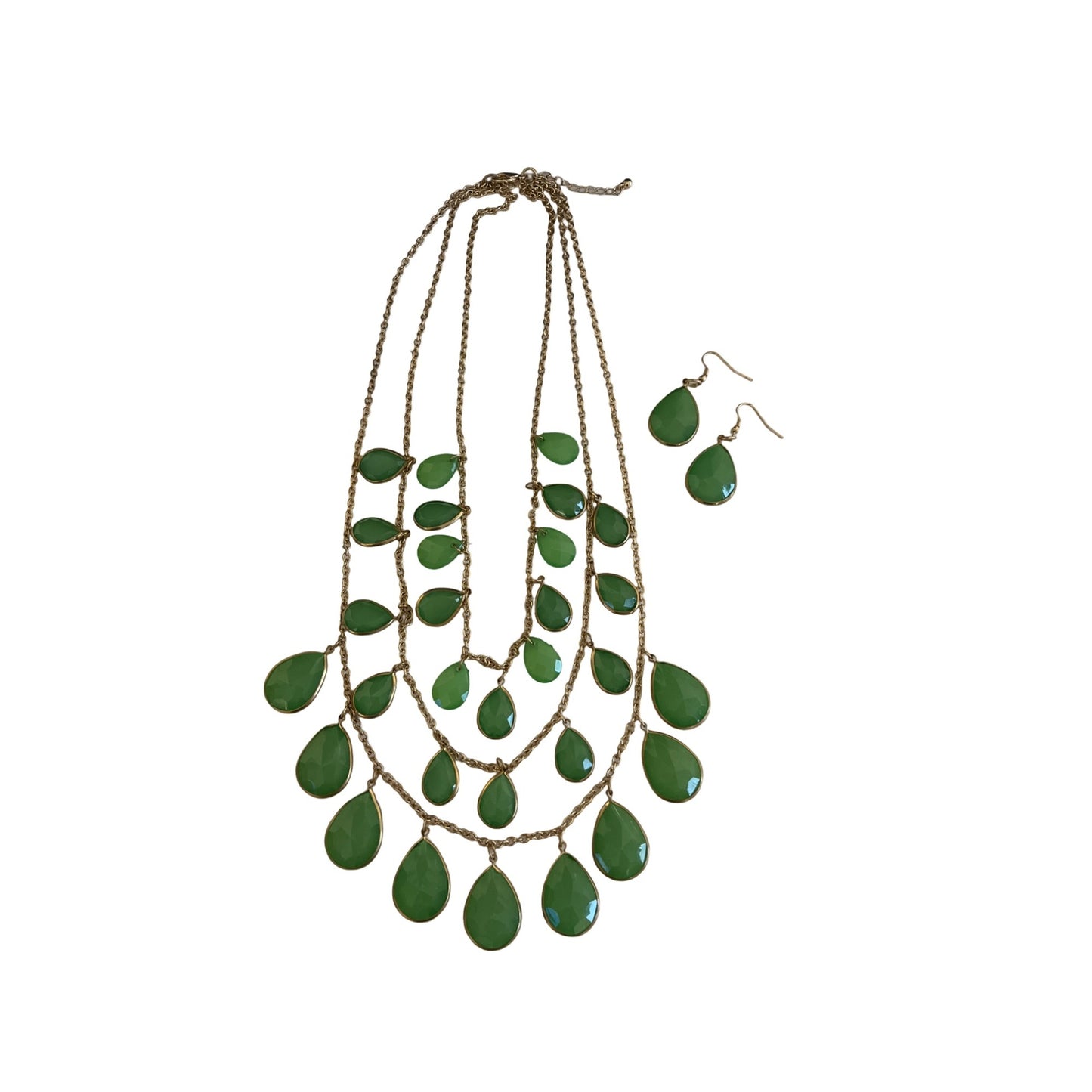 Mid 2000s Green Teardrop Statement Necklace & Earrings Set Gold Tone Multi Strand 22”
