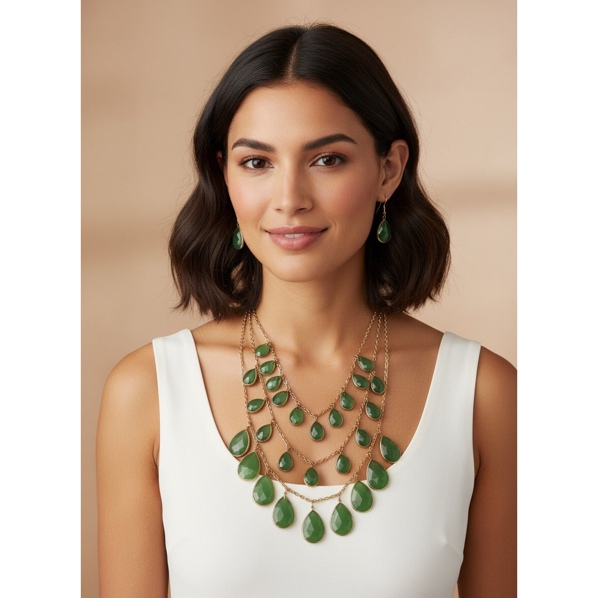 Mid 2000s Green Teardrop Statement Necklace & Earrings Set Gold Tone Multi Strand 22”