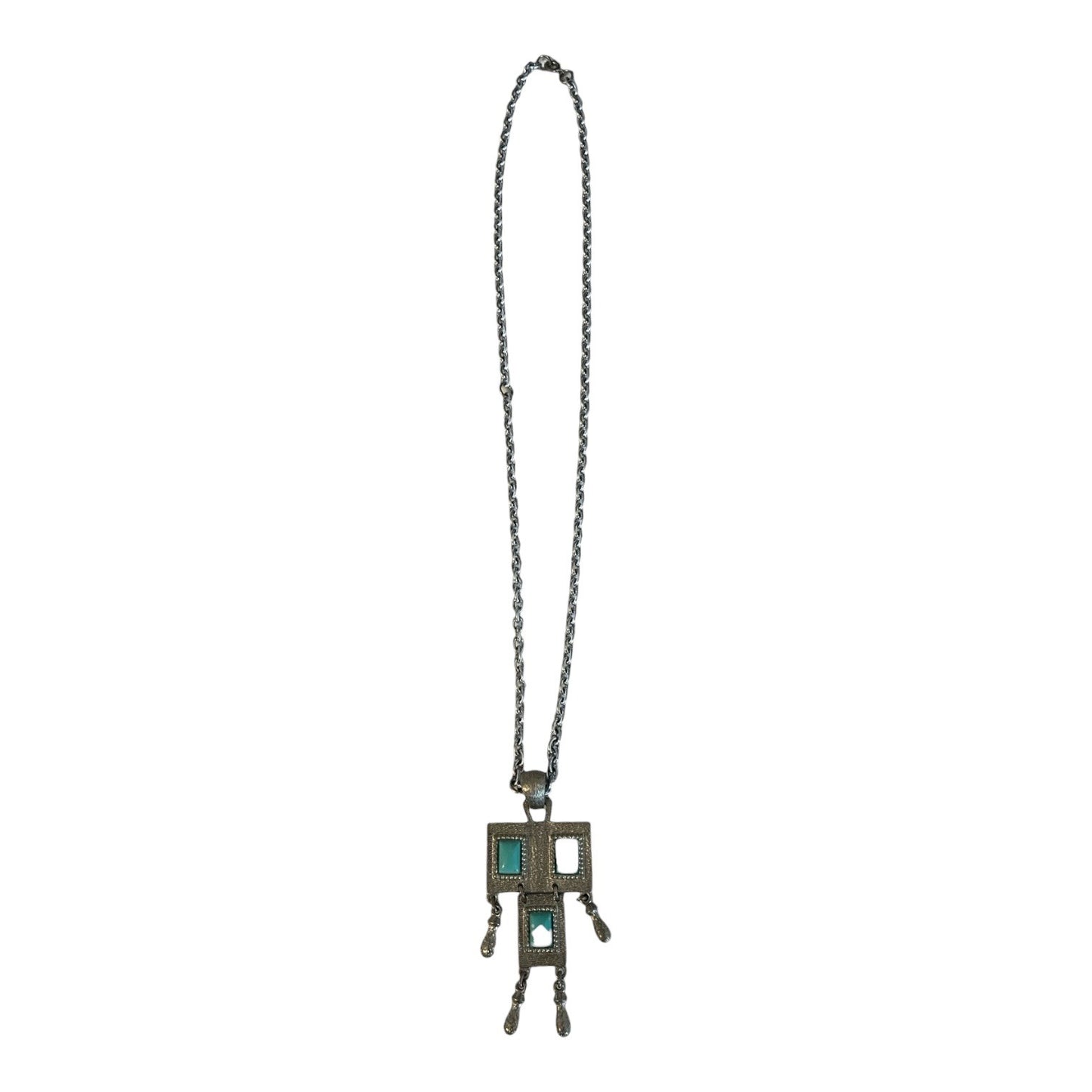 Vintage Sarah Coventry Turquoise Pendant Necklace Silver Tone Geometric Dangle 24” Chain