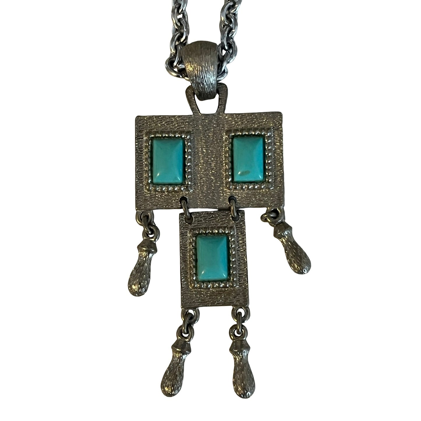 Vintage Sarah Coventry Turquoise Pendant Necklace Silver Tone Geometric Dangle 24” Chain