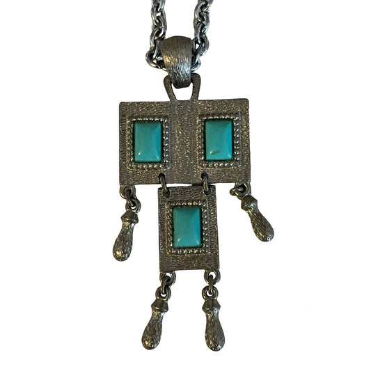 Vintage Sarah Coventry Turquoise Pendant Necklace Silver Tone Geometric Dangle 24” Chain