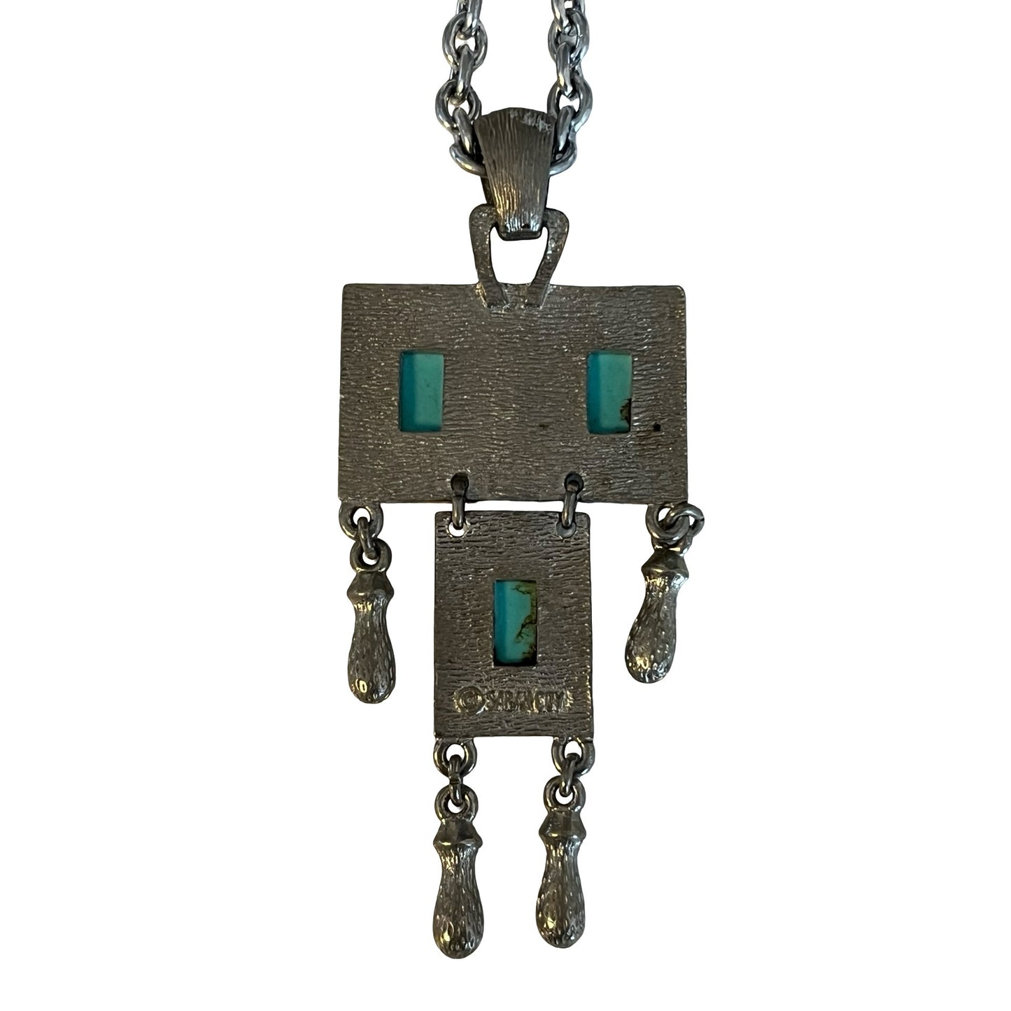 Vintage Sarah Coventry Turquoise Pendant Necklace Silver Tone Geometric Dangle 24” Chain
