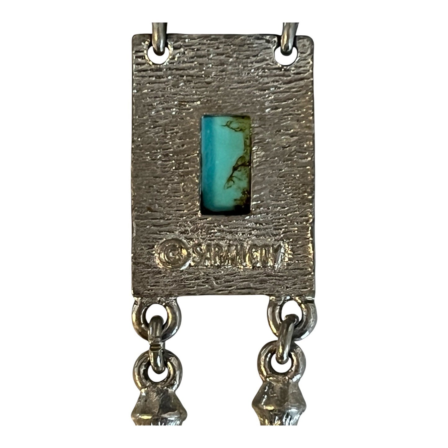 Vintage Sarah Coventry Turquoise Pendant Necklace Silver Tone Geometric Dangle 24” Chain