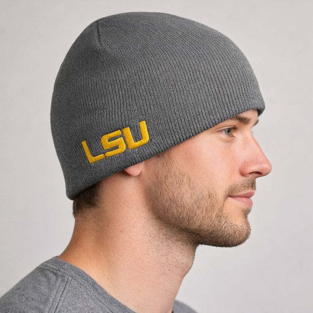 LSU Tigers Gray Knit Beanie Hat Embroidered Logo NCAA Winter Cap