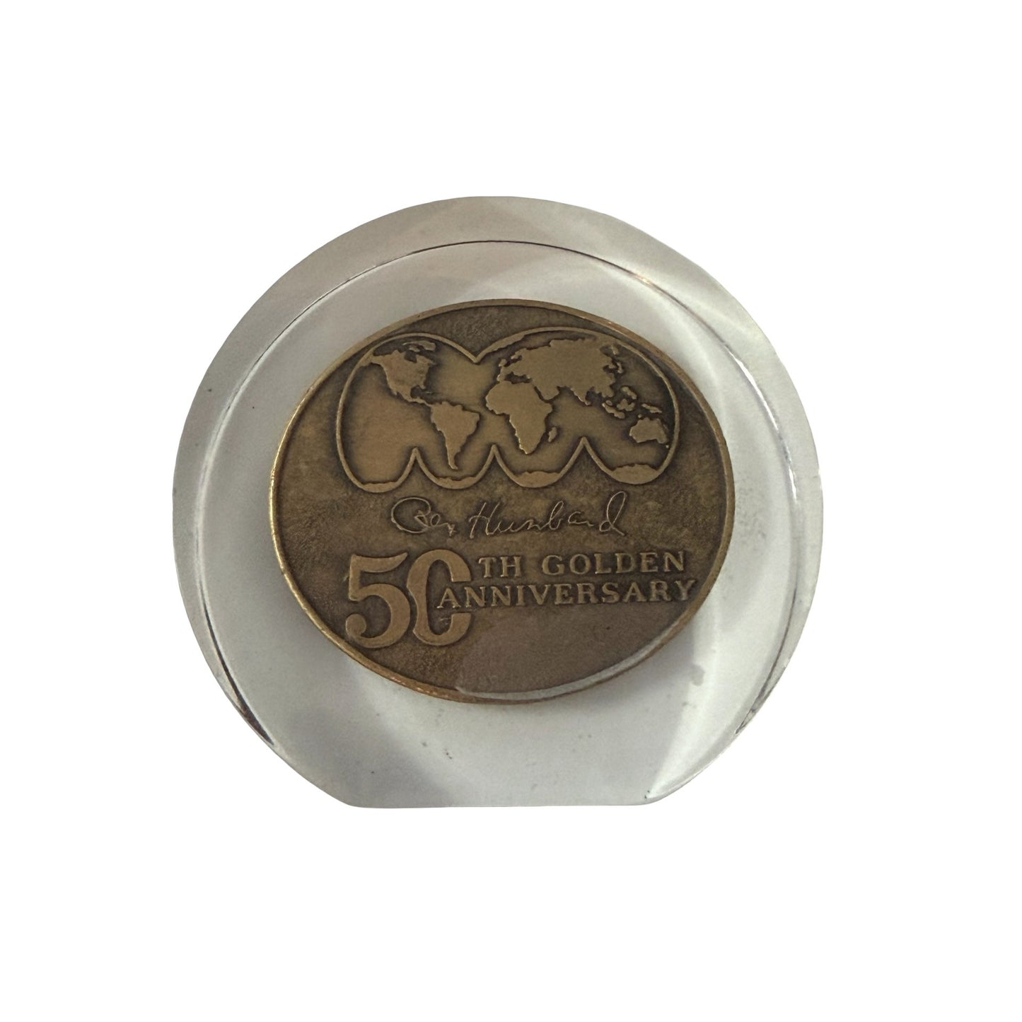 1982 Rex Humbard 50th Golden Anniversary Paperweight Bronze Tone Medallion in Lucite