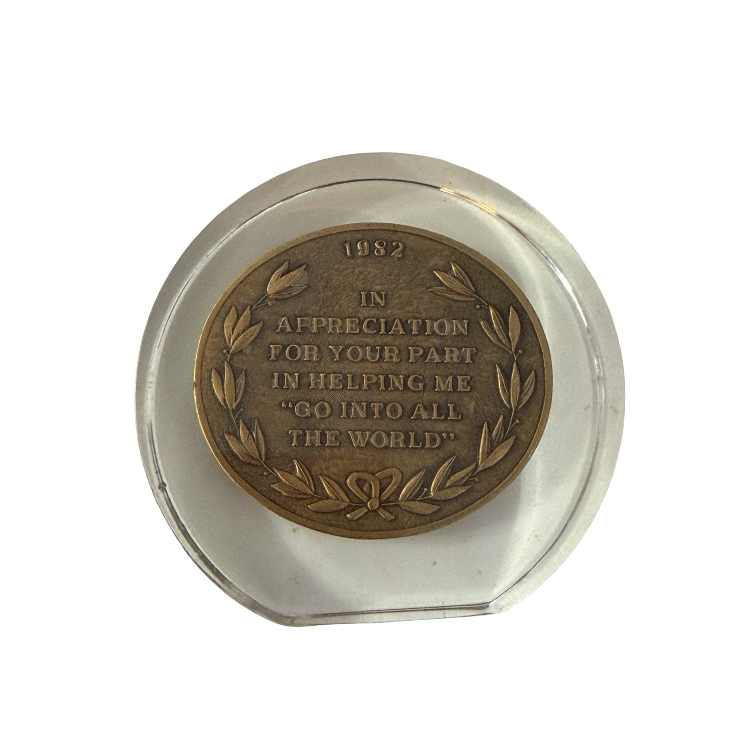 1982 Rex Humbard 50th Golden Anniversary Paperweight Bronze Tone Medallion in Lucite