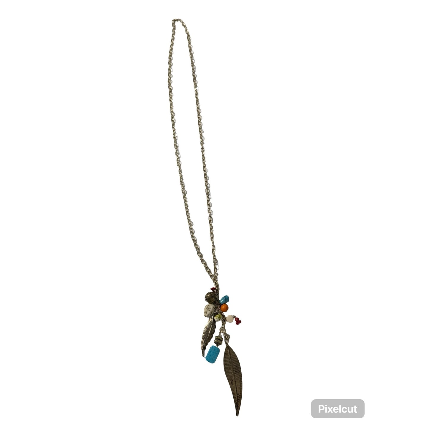 Boho Charm Necklace Feather Pendant Turquoise Coral Bead Cluster 34” Gold Tone