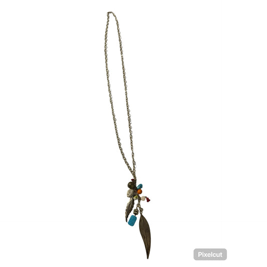 Boho Charm Necklace Feather Pendant Turquoise Coral Bead Cluster 34” Gold Tone