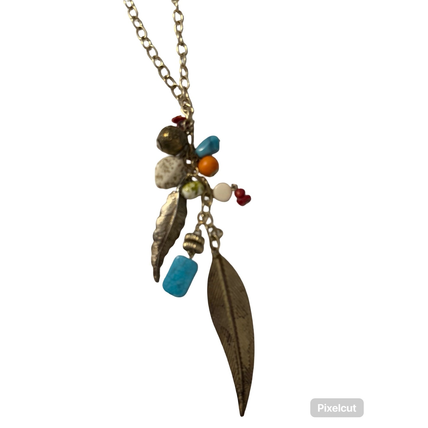 Boho Charm Necklace Feather Pendant Turquoise Coral Bead Cluster 34” Gold Tone