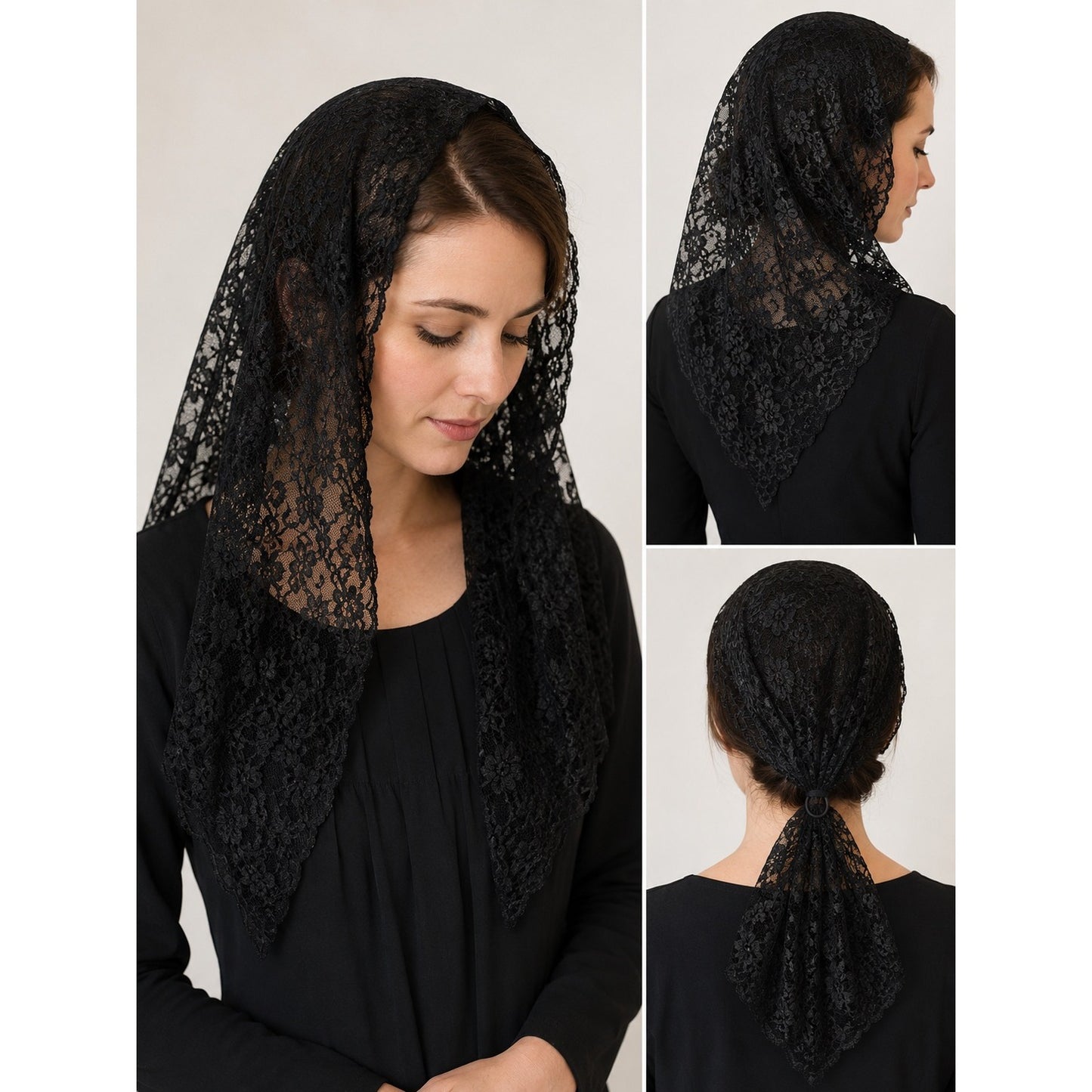 Vintage Black Lace Mantilla Chapel Veil Scarf Head Covering Sheer Floral Lace 45x17