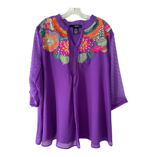 Denim 24/7 Women’s 24W Purple Tunic Blouse – Embroidered Yoke, Sheer Sleeves, Boho Style