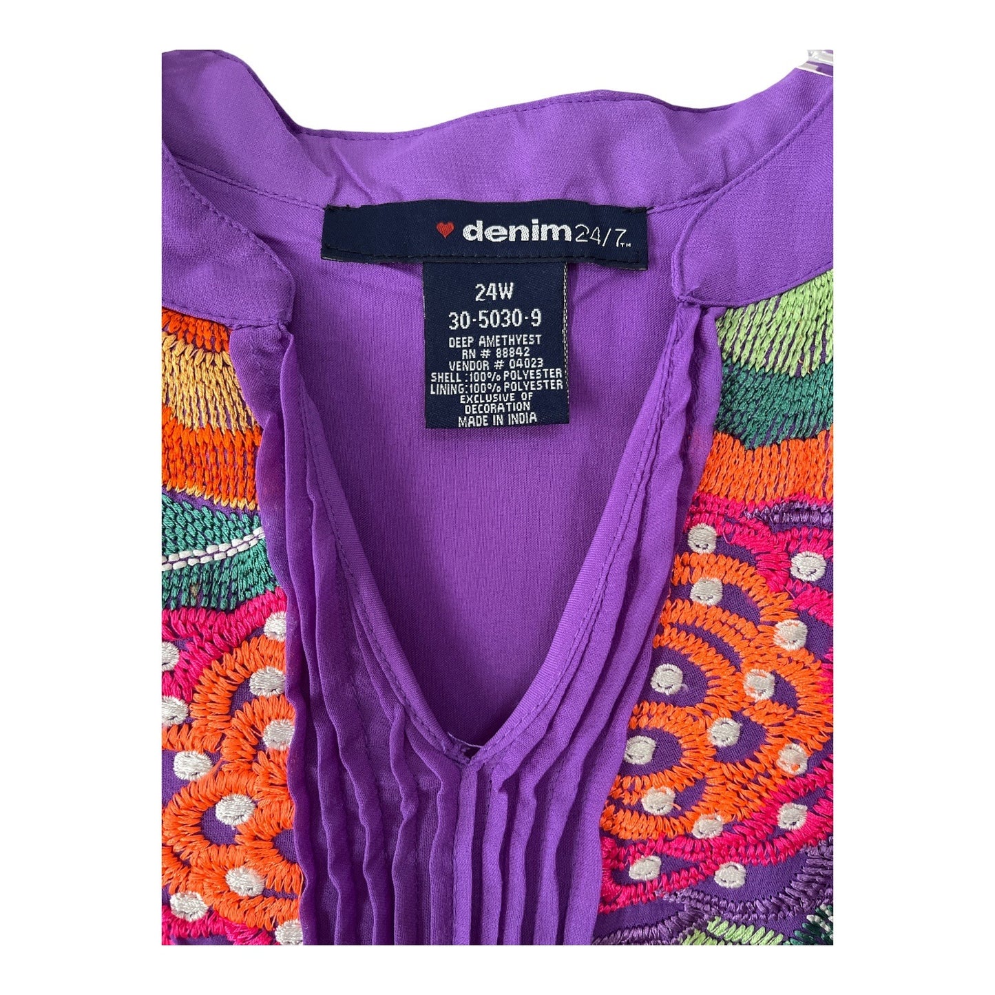 Denim 24/7 Women’s 24W Purple Tunic Blouse – Embroidered Yoke, Sheer Sleeves, Boho Style