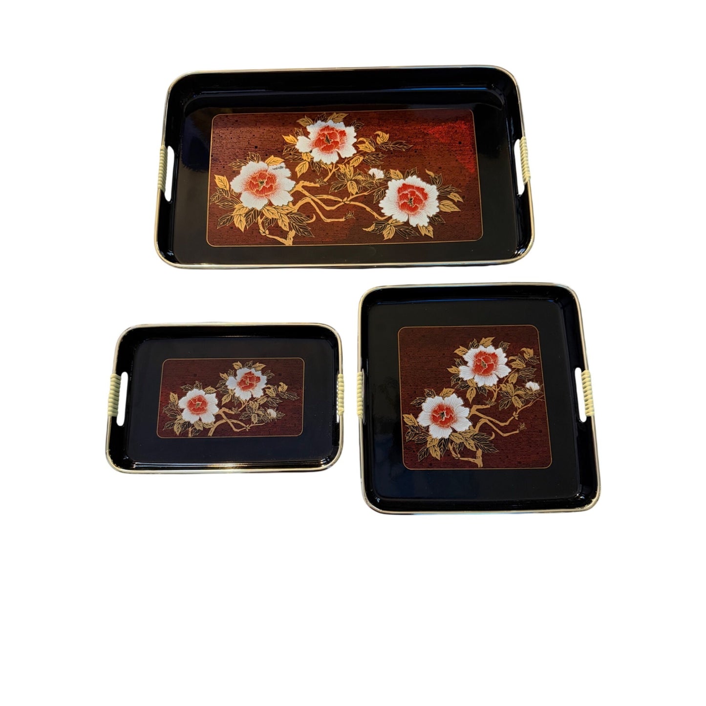 Vintage Set of 3 Made in Japan Style Floral Serving Trays Black Gold Peony Melamine