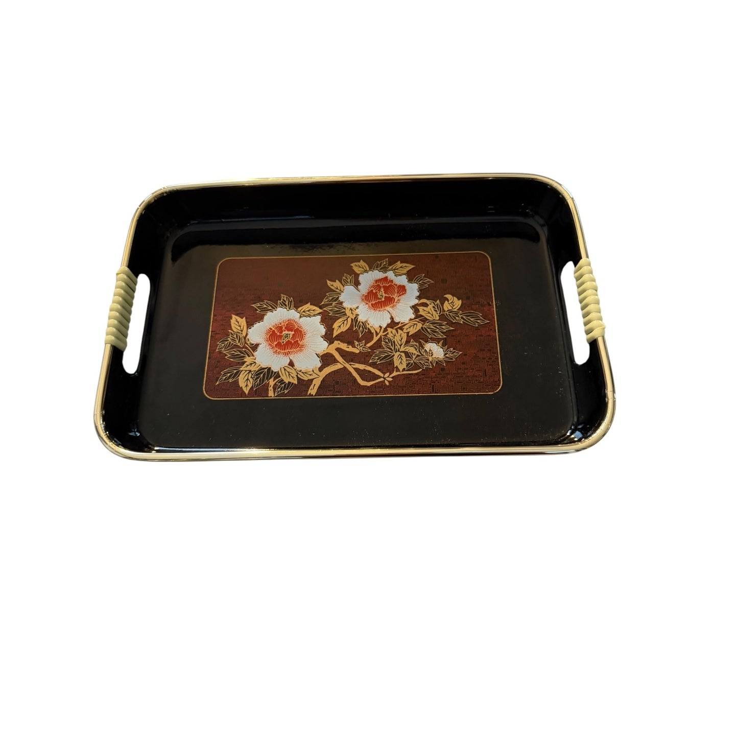 Vintage Set of 3 Made in Japan Style Floral Serving Trays Black Gold Peony Melamine
