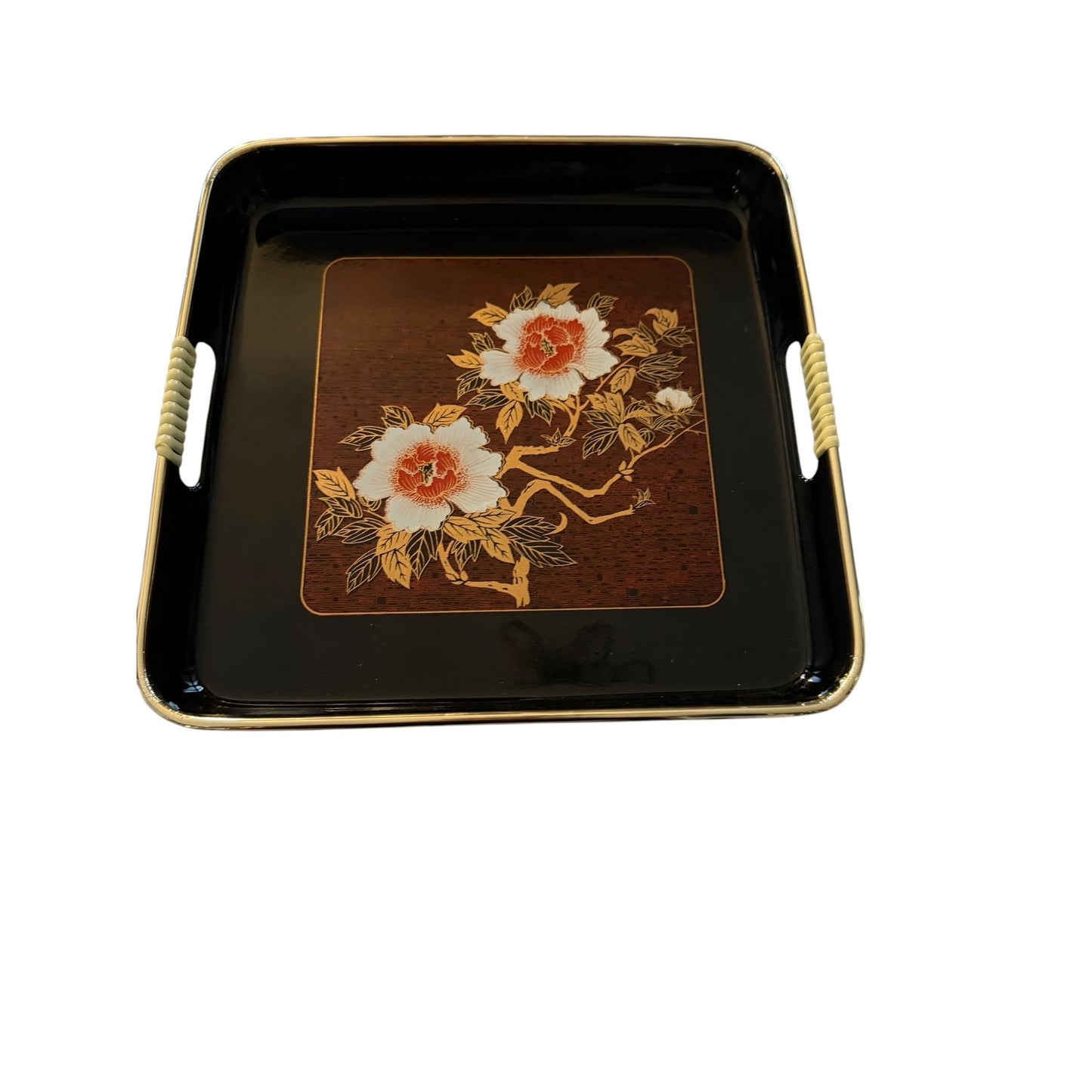 Vintage Set of 3 Made in Japan Style Floral Serving Trays Black Gold Peony Melamine