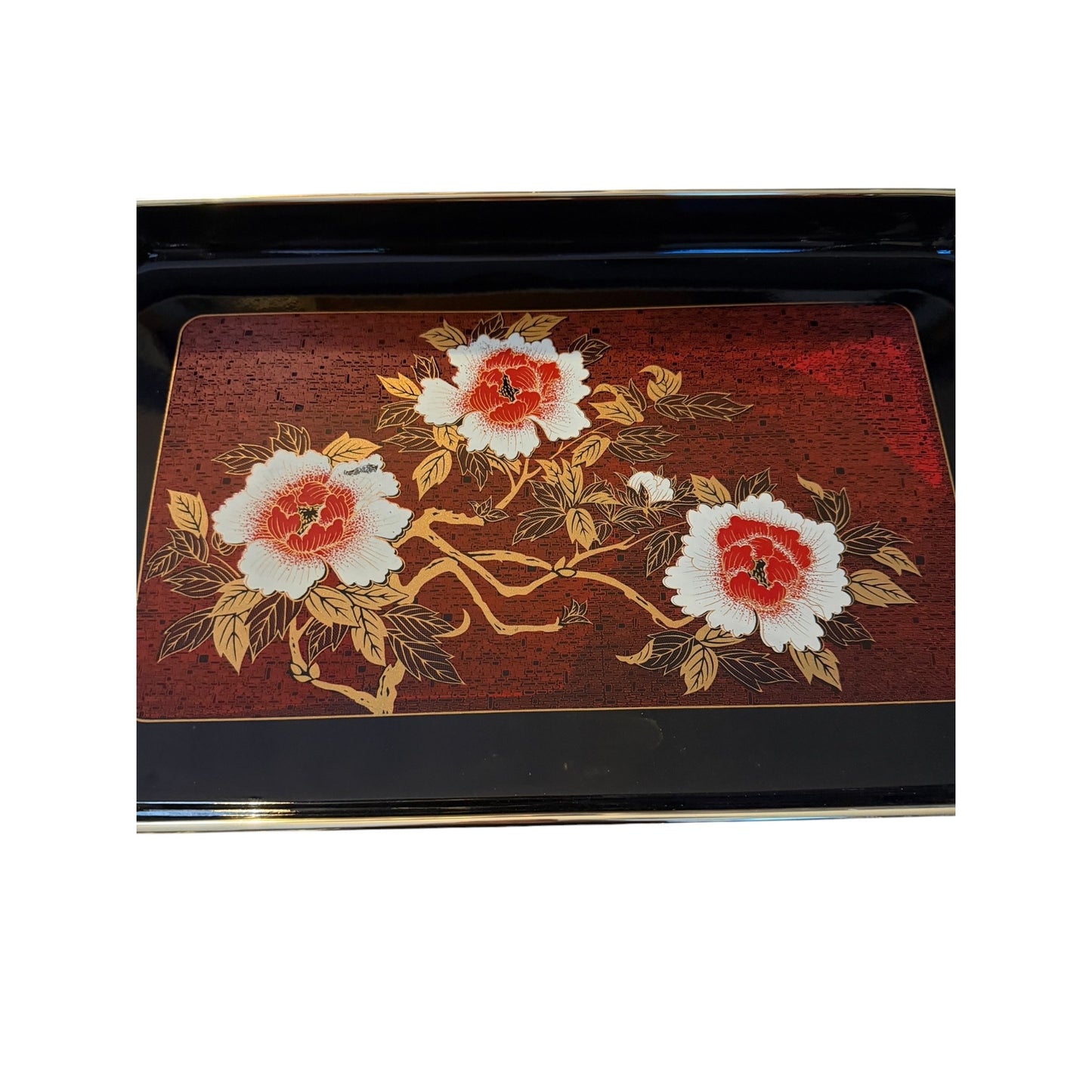 Vintage Set of 3 Made in Japan Style Floral Serving Trays Black Gold Peony Melamine