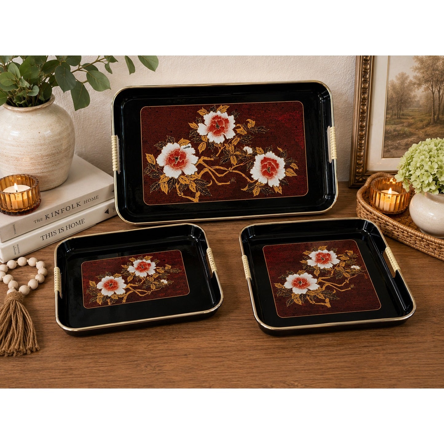 Vintage Set of 3 Made in Japan Style Floral Serving Trays Black Gold Peony Melamine
