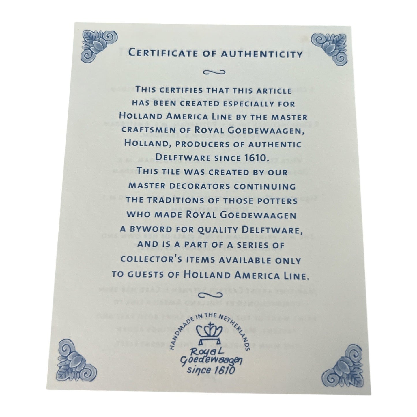 Holland America Line Delft Blue Tile Royal Goedewaagen Cruise Ship Coaster w COA