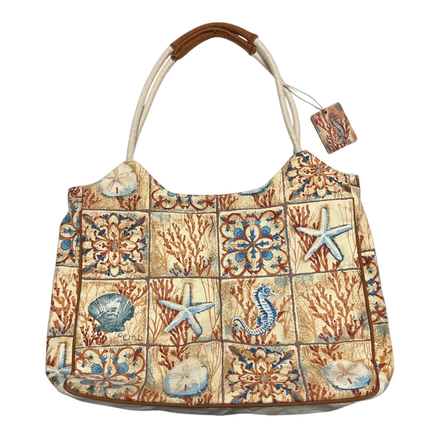 Paul Brent Early 2000s Vintage Coastal Patchwork Tote Bag Seahorse Starfish