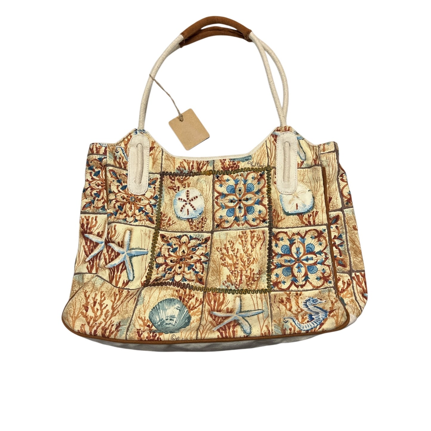 Paul Brent Early 2000s Vintage Coastal Patchwork Tote Bag Seahorse Starfish
