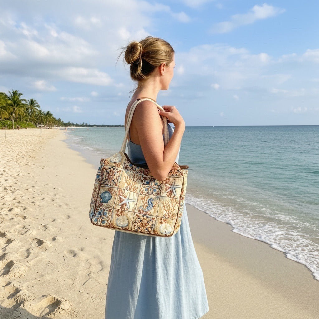 Paul Brent Early 2000s Vintage Coastal Patchwork Tote Bag Seahorse Starfish