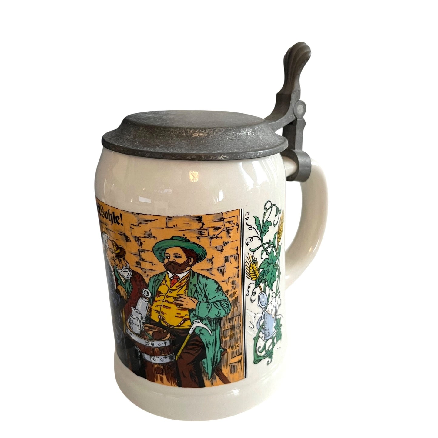 Vintage German Beer Stein Lidded Mug Zunft Szene Occupational Scene Pewter Lid 5.5”
