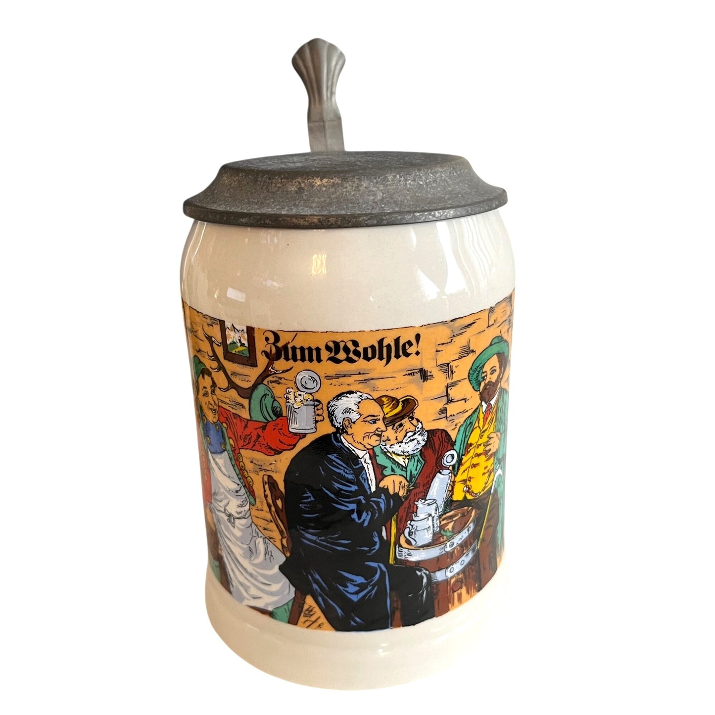 Vintage German Beer Stein Lidded Mug Zunft Szene Occupational Scene Pewter Lid 5.5”