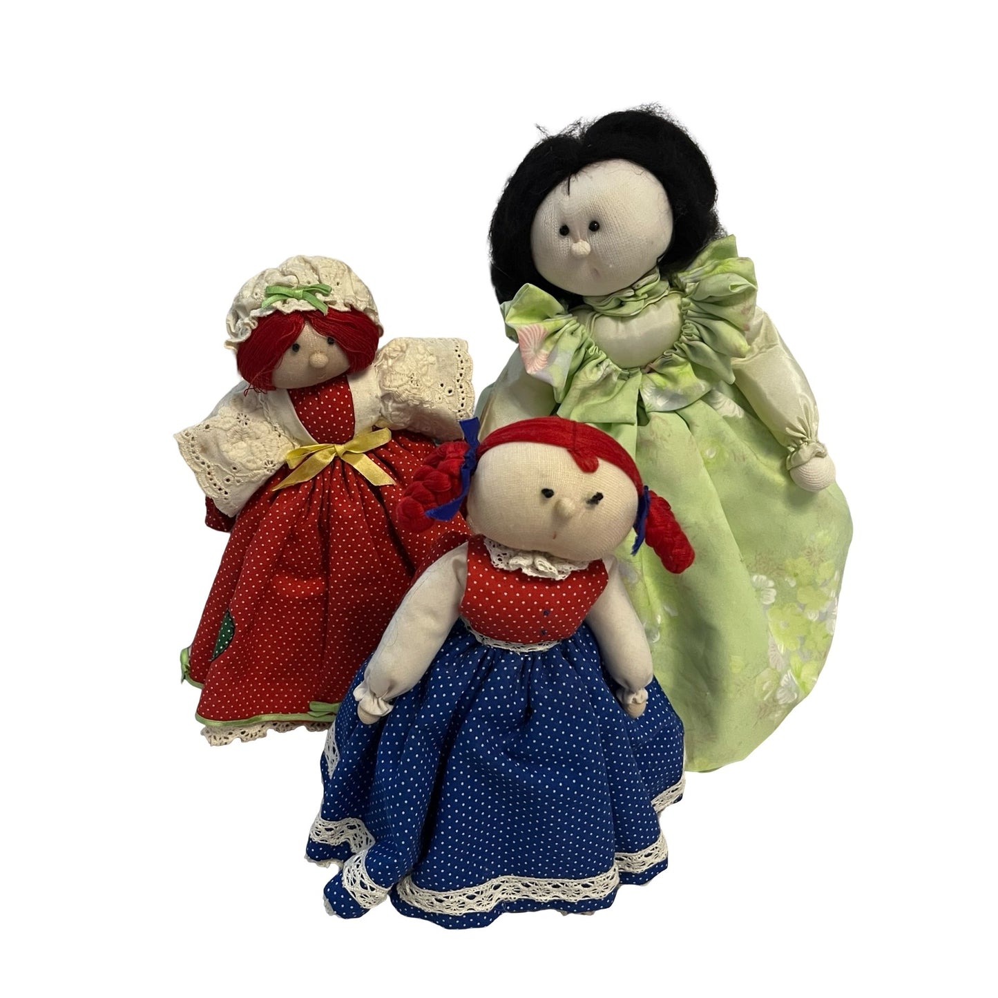 Vintage Handmade Cloth Rag Doll Set 3 Pieces Specially Fashioned by Ruth Folk Art Fabric Dolls