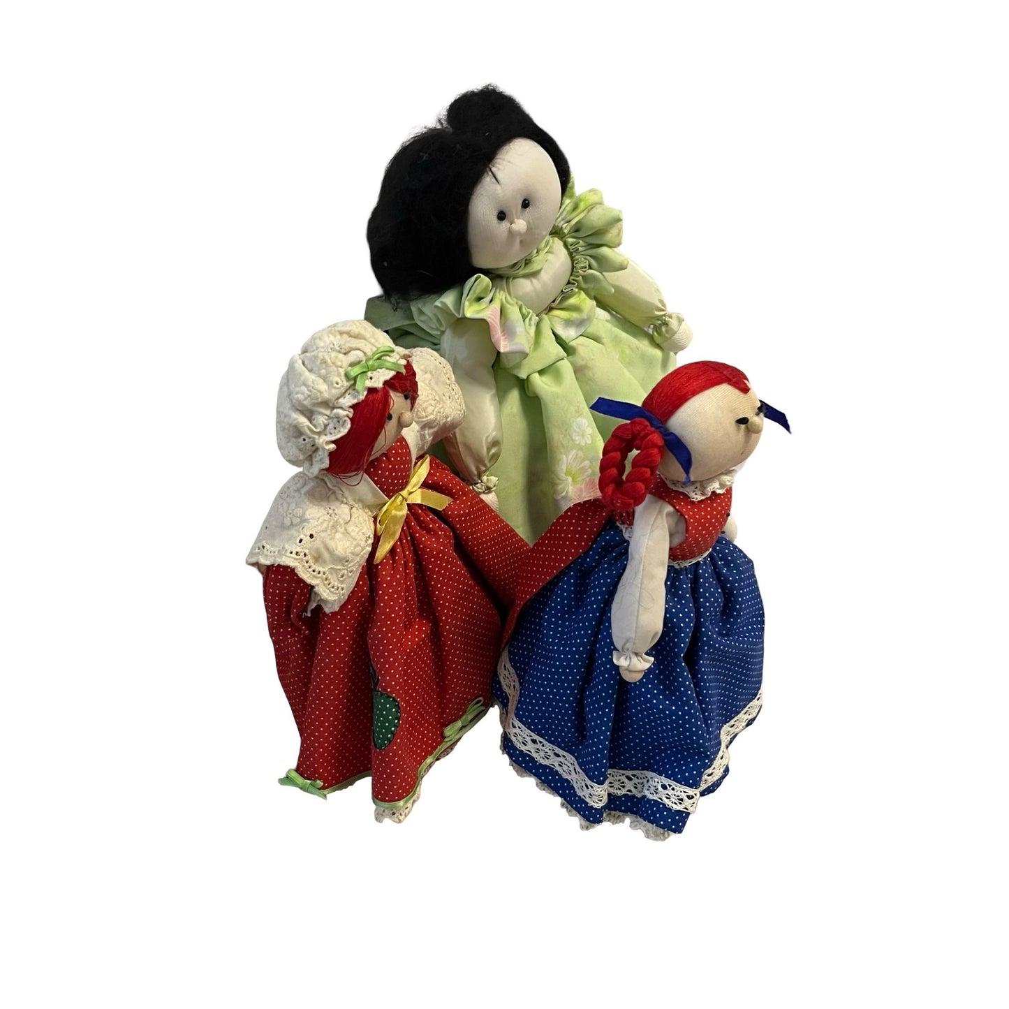 Vintage Handmade Cloth Rag Doll Set 3 Pieces Specially Fashioned by Ruth Folk Art Fabric Dolls