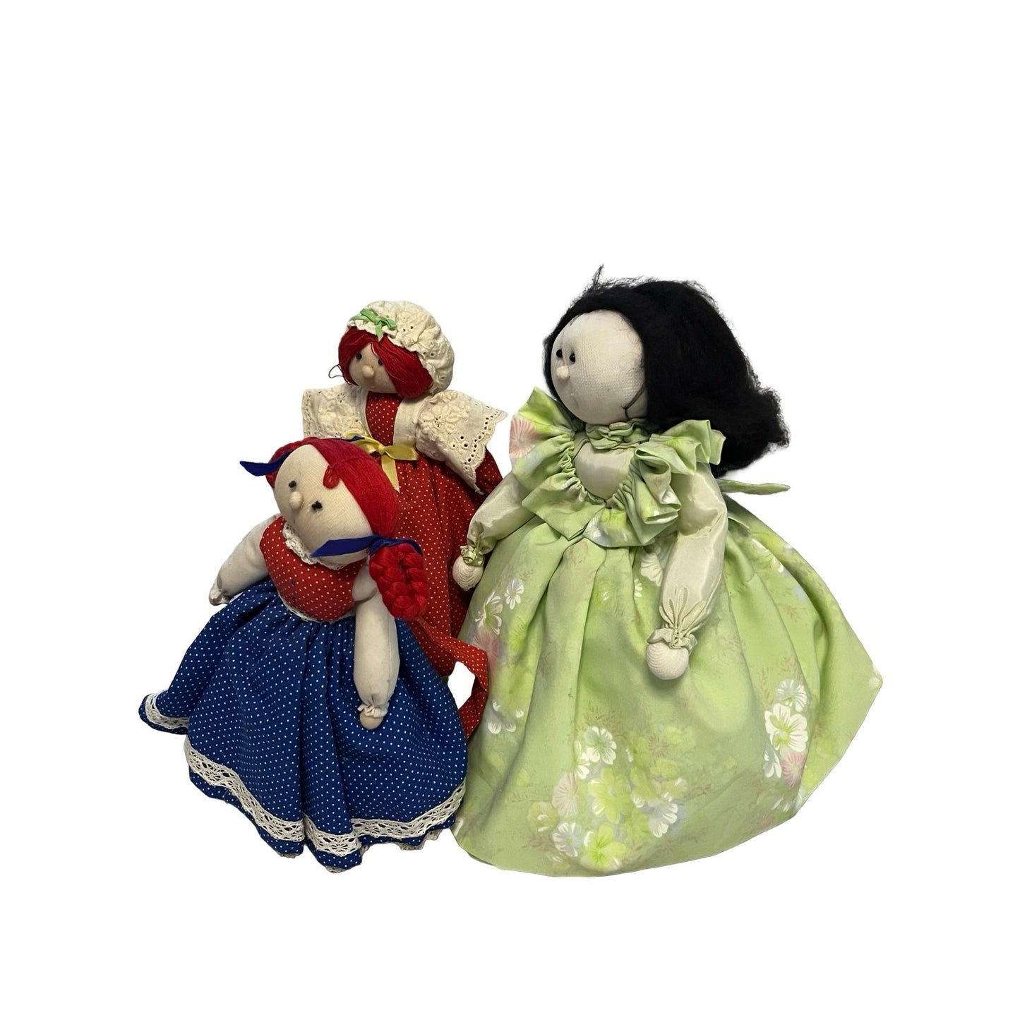 Vintage Handmade Cloth Rag Doll Set 3 Pieces Specially Fashioned by Ruth Folk Art Fabric Dolls
