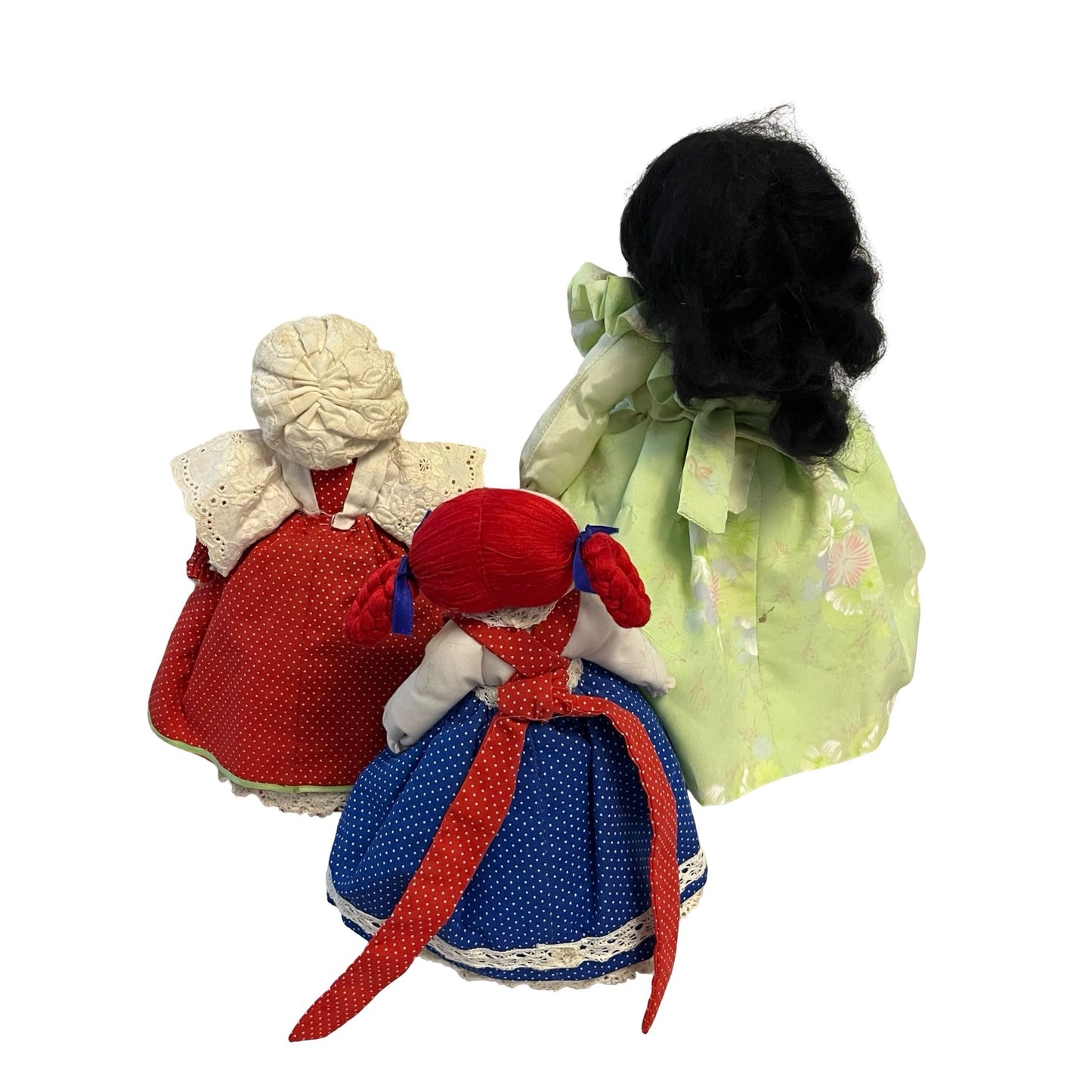 Vintage Handmade Cloth Rag Doll Set 3 Pieces Specially Fashioned by Ruth Folk Art Fabric Dolls