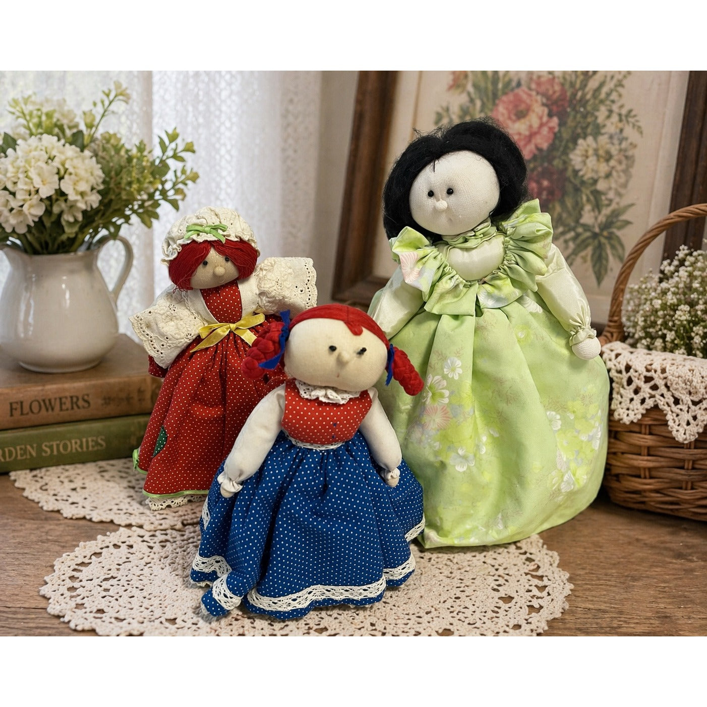 Vintage Handmade Cloth Rag Doll Set 3 Pieces Specially Fashioned by Ruth Folk Art Fabric Dolls