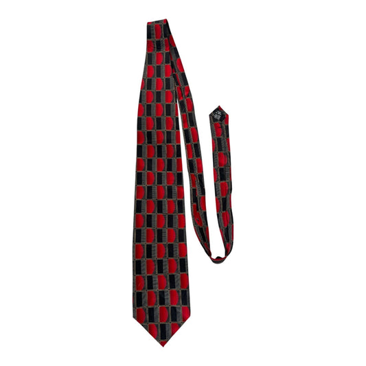 Bergamo New York Hand Made Silk Tie Red Black Geometric Pattern 57” x 4”