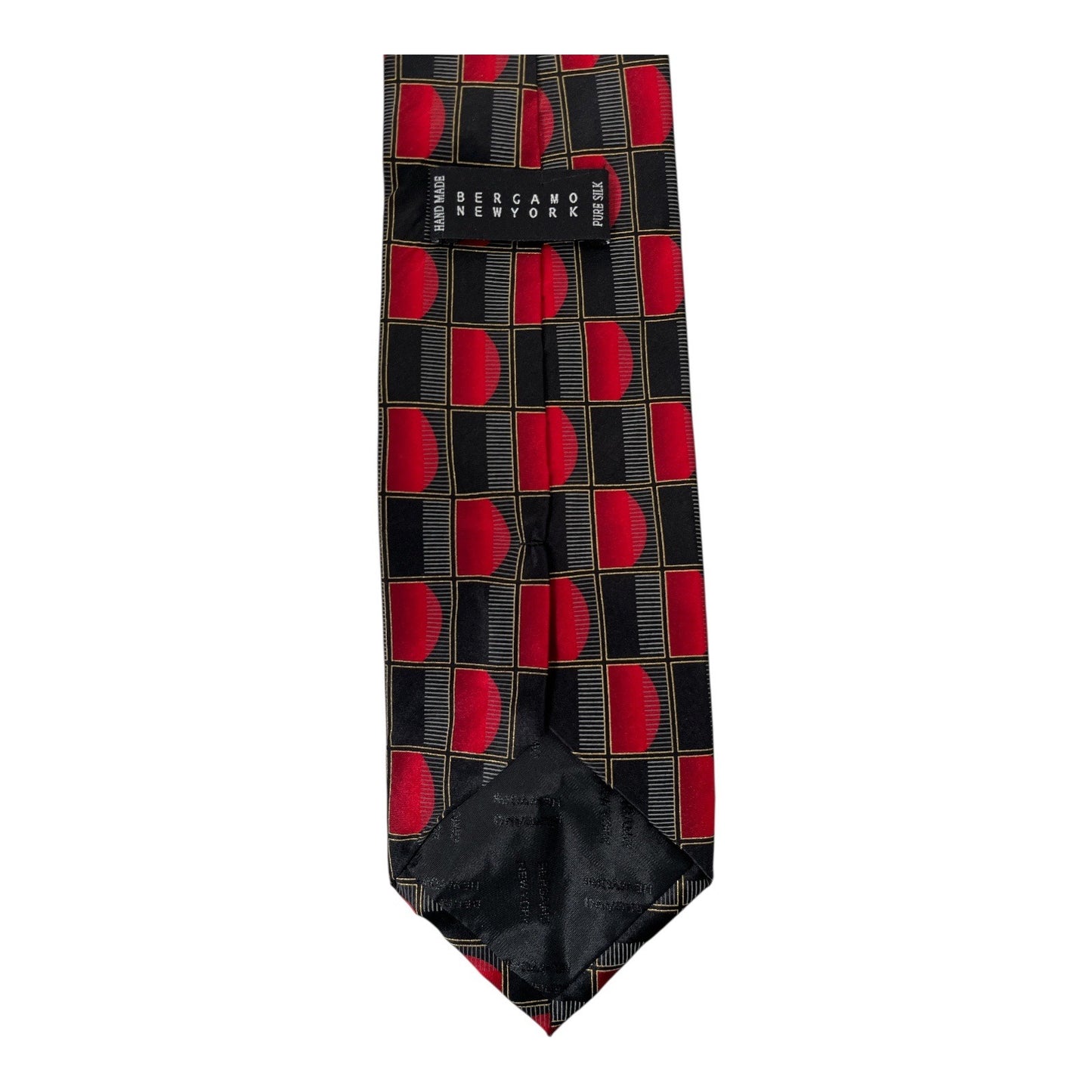 Bergamo New York Hand Made Silk Tie Red Black Geometric Pattern 57” x 4”
