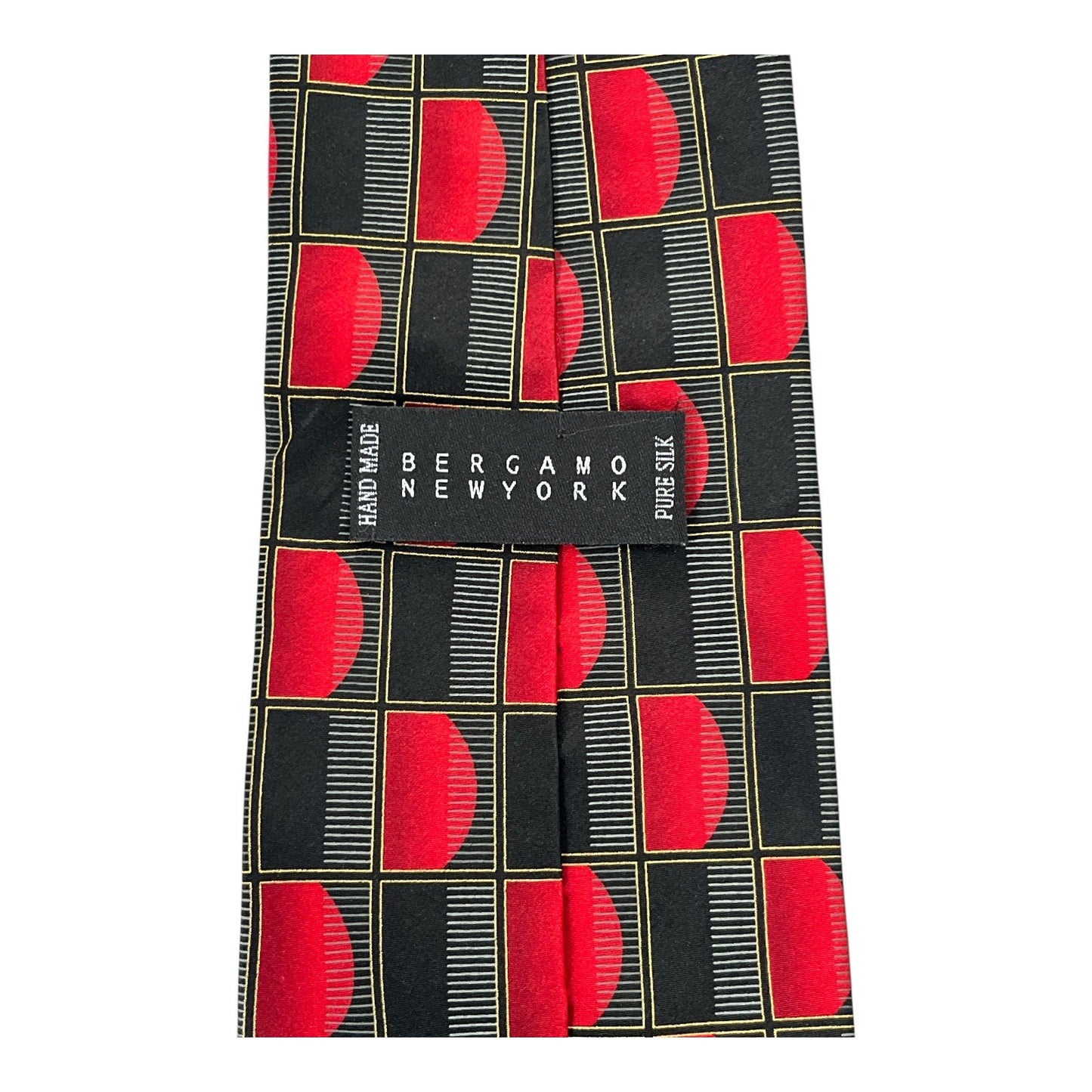 Bergamo New York Hand Made Silk Tie Red Black Geometric Pattern 57” x 4”
