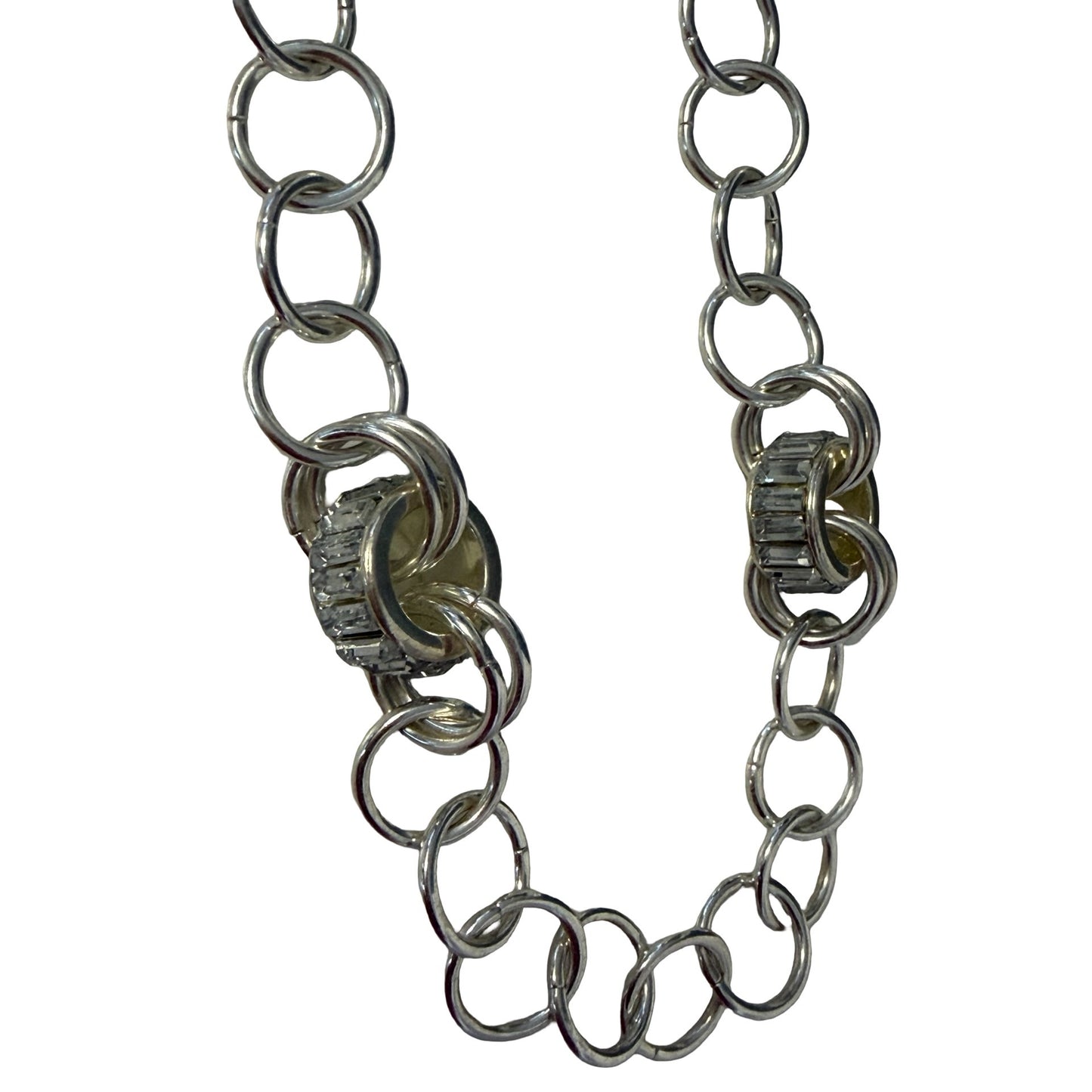 Alfani Silver Tone Chain Necklace Crystal Station Links 36 Inch