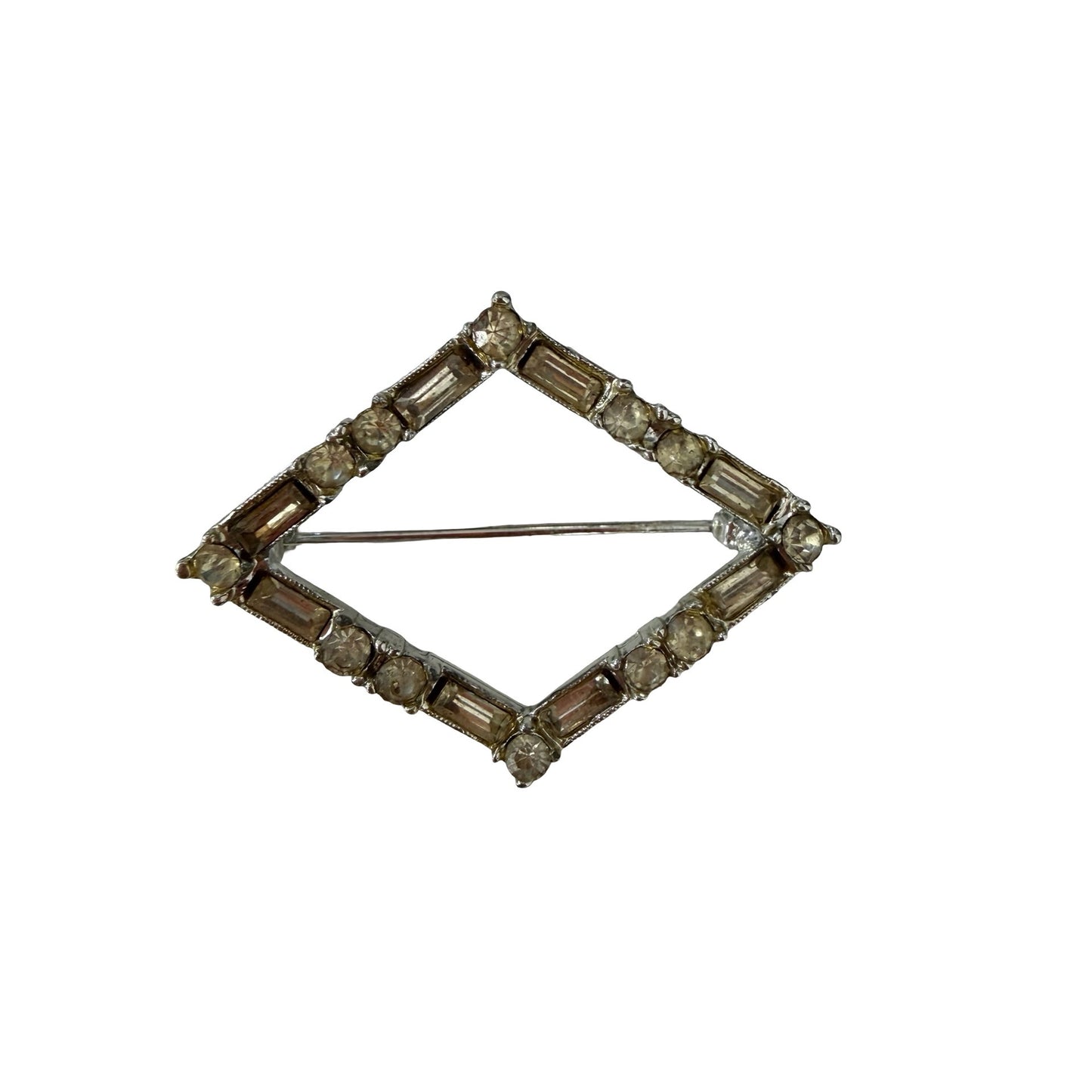Vintage Art Deco Style Rhinestone Open Diamond Brooch Silver Tone Geometric Pin