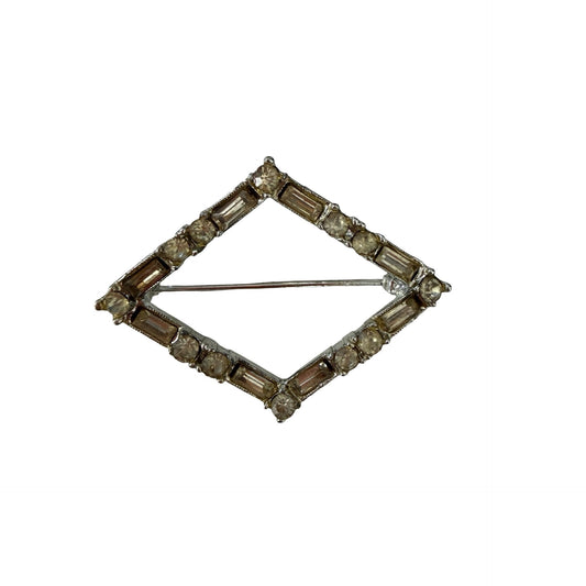 Vintage Art Deco Style Rhinestone Open Diamond Brooch Silver Tone Geometric Pin