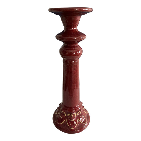 Vintage Red Ceramic Pillar Candle Holder with Gold Accents