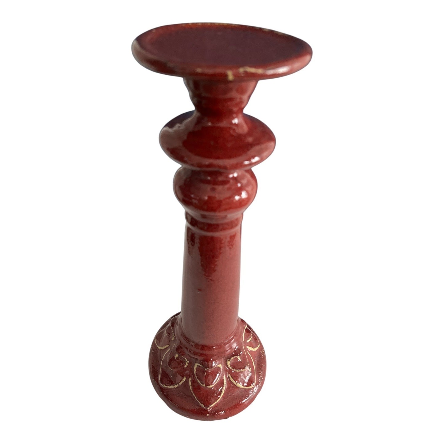 Vintage Red Ceramic Pillar Candle Holder with Gold Accents