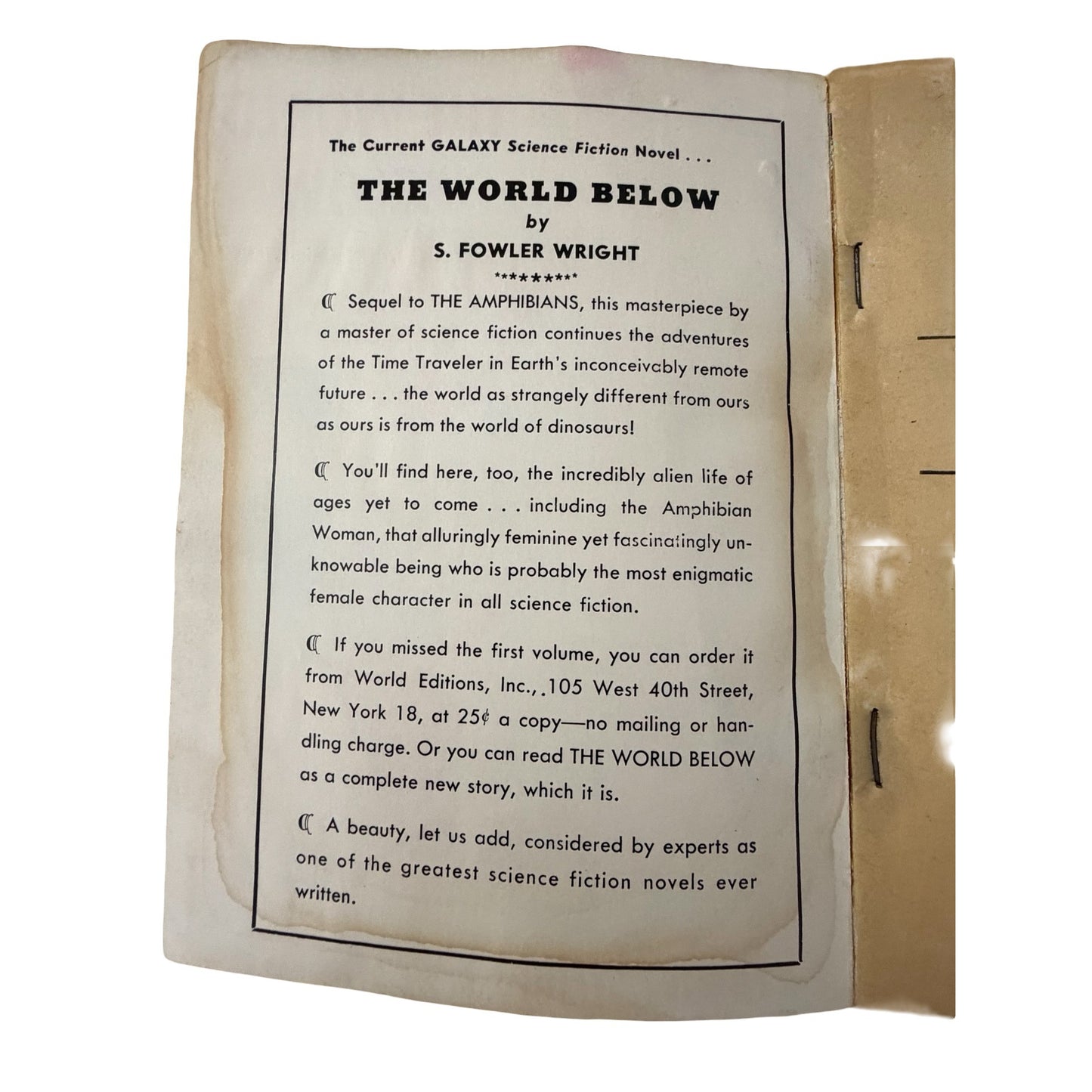 Vintage Galaxy Science Fiction Novel No. 5 The World Below by S. Fowler Wright 1949 Paperback