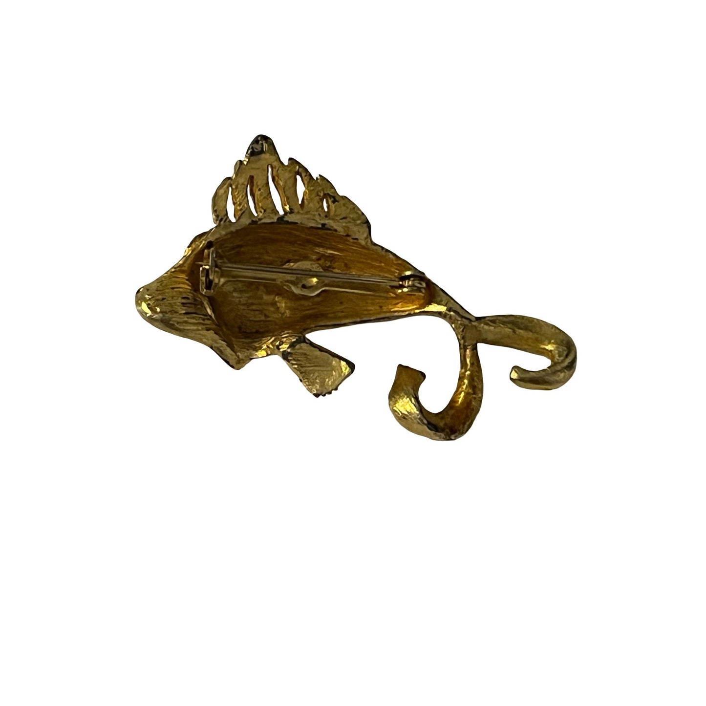 Vintage Gold Tone Fish Brooch Figural Textured Metal Pin 2 Inch