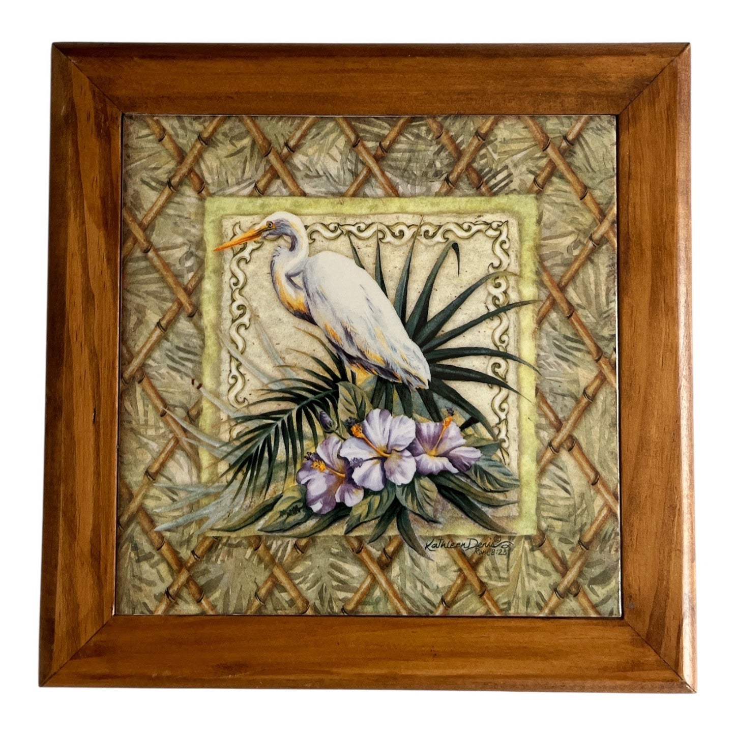 Cape Shore Kathleen Denis Egret Bird Tropical Floral Wall Art Tile Wood Frame 2003