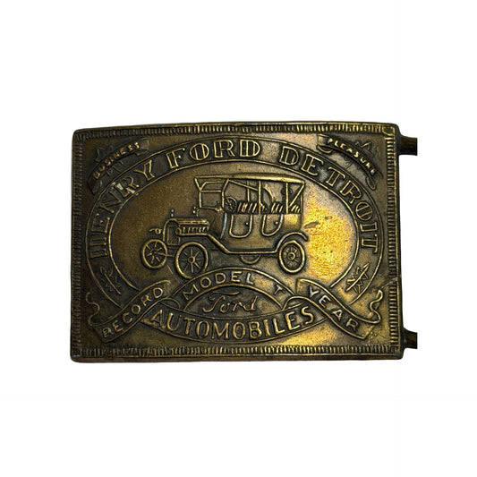 Vintage Henry Ford Detroit Belt Buckle Model T Automobiles Brass Tone 4”