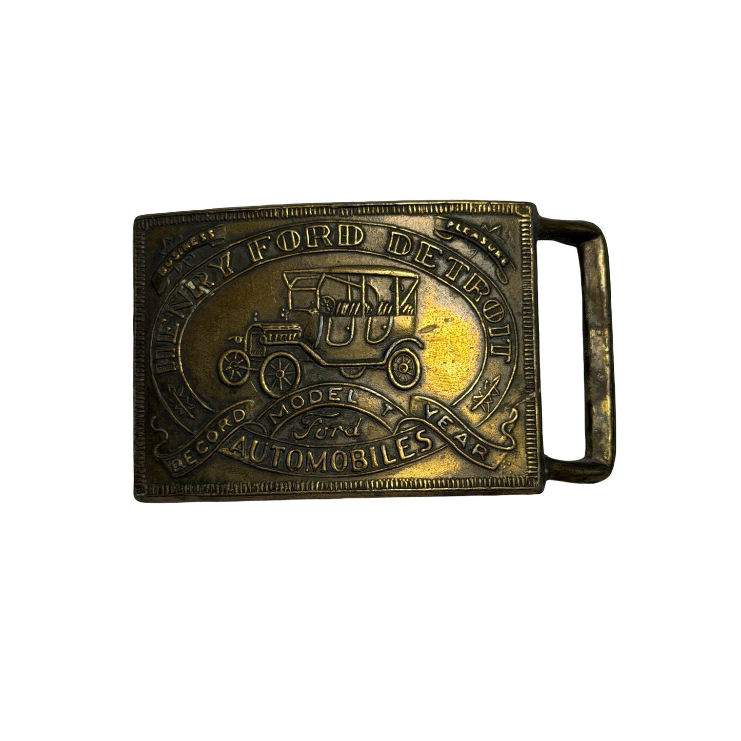Vintage Henry Ford Detroit Belt Buckle Model T Automobiles Brass Tone 4”